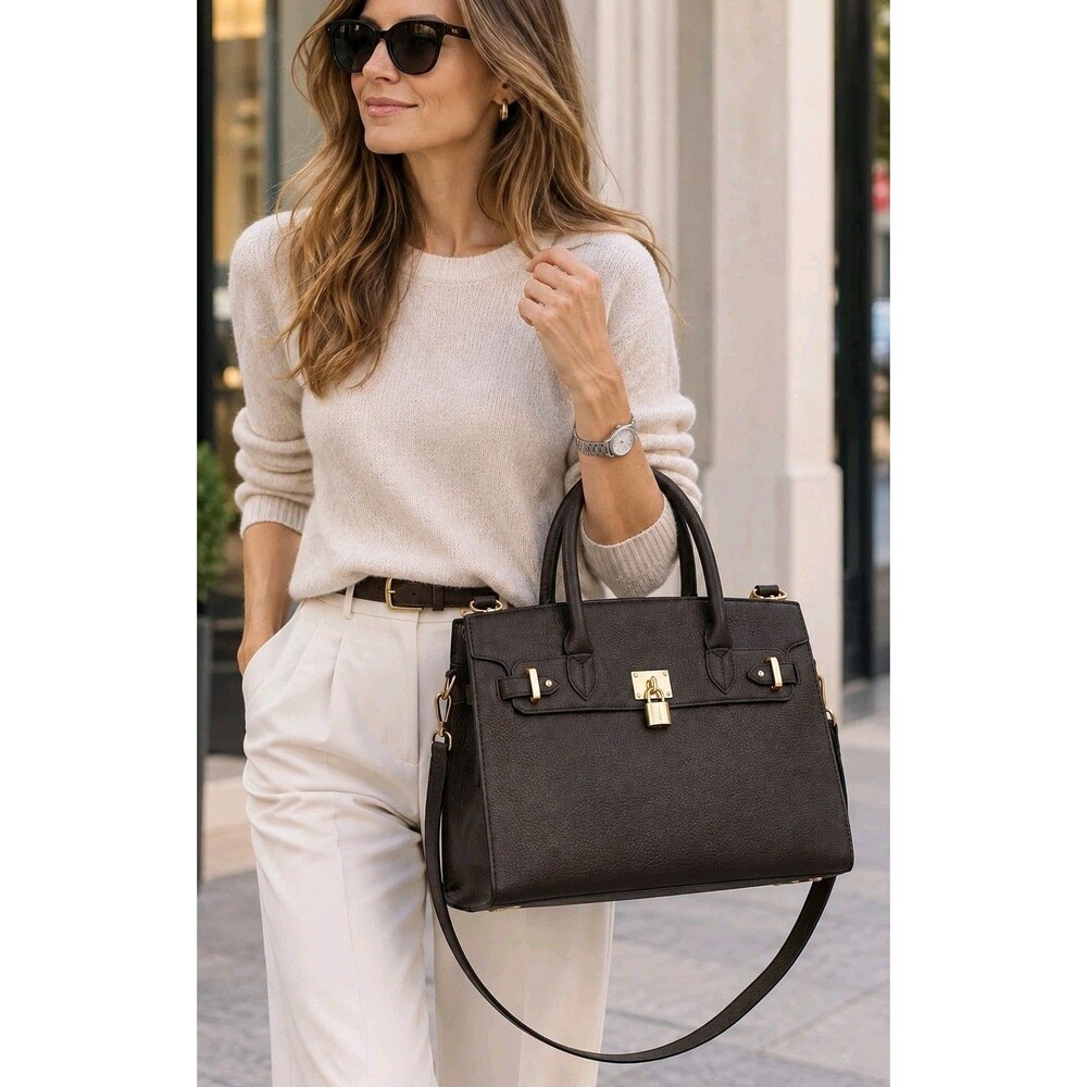Brown Pebbled Satchel Bag Gold Padlock Top Handle Crossbody Shoulder Purse